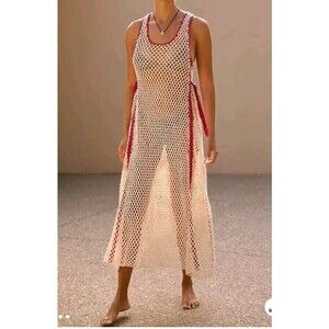 NWOT Anthropologie Bel Kazan Piped Crochet Maxi Swim Cover Dress M/L Cream